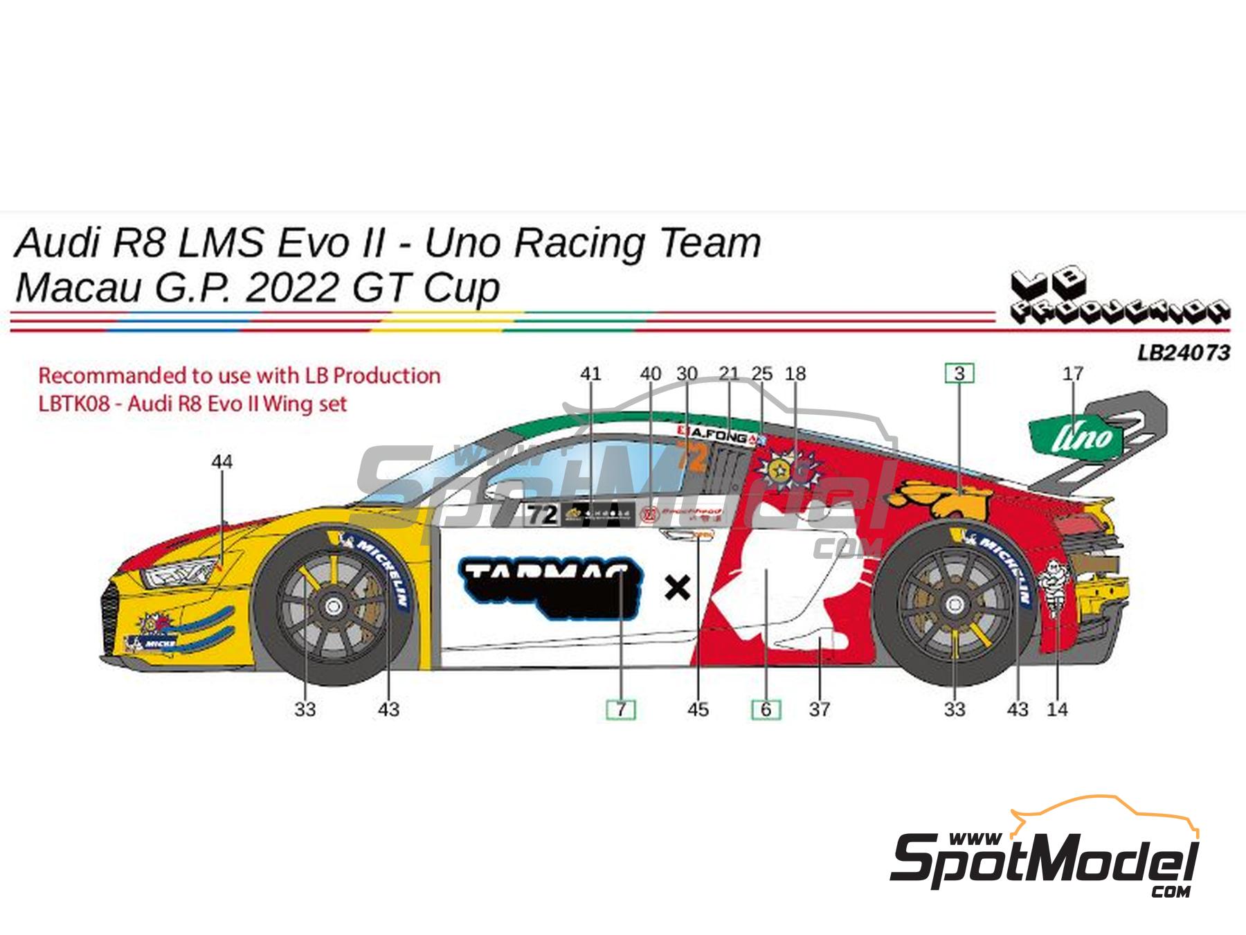 Audi R8 LMS GT3 Evo II Uno Racing Team sponsored by Tarmac Works - Galaxy  Entertainment Macau GT Cup 2022. Marking / livery in 1/24 scale manufactured